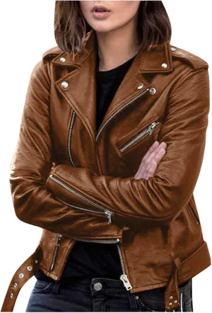 BOXIACEY Faux Leather Jacket Women Stylish 2025 Zipper Coats Classic Fit New Motorcycle Outerwear Fall Lapel Solid Tops
