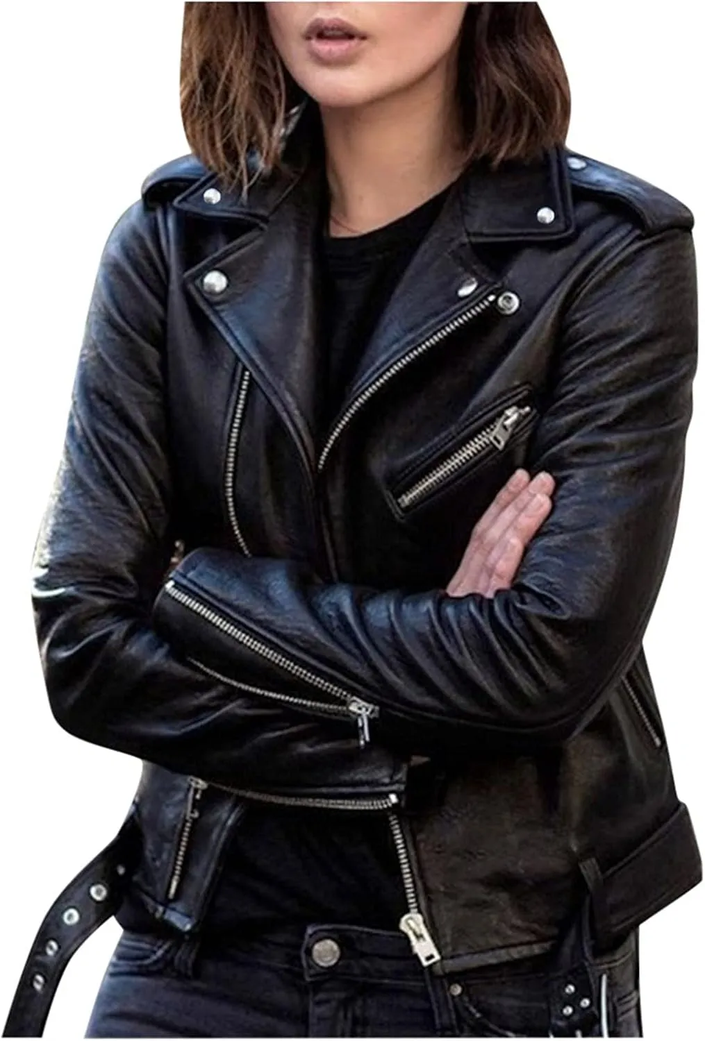 BOXIACEY Faux Leather Jacket Women Stylish 2025 Zipper Coats Classic Fit New Motorcycle Outerwear Fall Lapel Solid Tops
