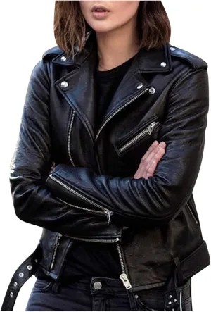 BOXIACEY Faux Leather Jacket Women Stylish 2025 Zipper Coats Classic Fit New Motorcycle Outerwear Fall Lapel Solid Tops