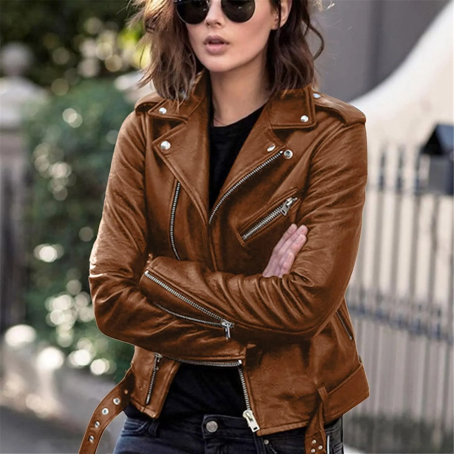BOXIACEY Faux Leather Jacket Women Stylish 2025 Zipper Coats Classic Fit New Motorcycle Outerwear Fall Lapel Solid Tops