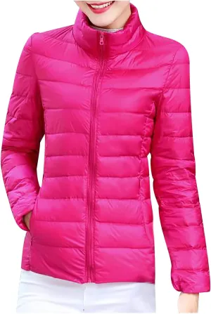 BOXIACEY Winter Coats for Women Solid Packable Puffer Down Jackets Warm Parkas Stand Collar Long Sleeve Outwear with Pockets