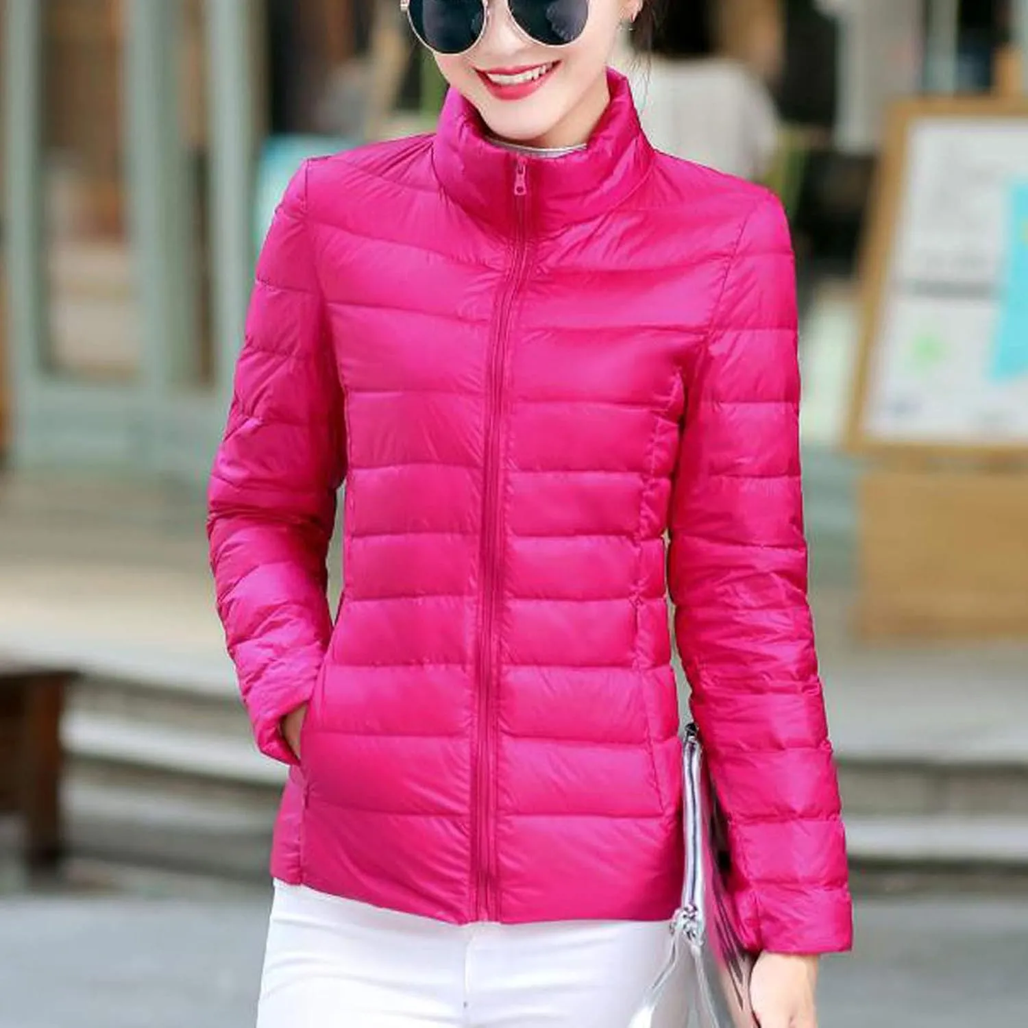 BOXIACEY Winter Coats for Women Solid Packable Puffer Down Jackets Warm Parkas Stand Collar Long Sleeve Outwear with Pockets