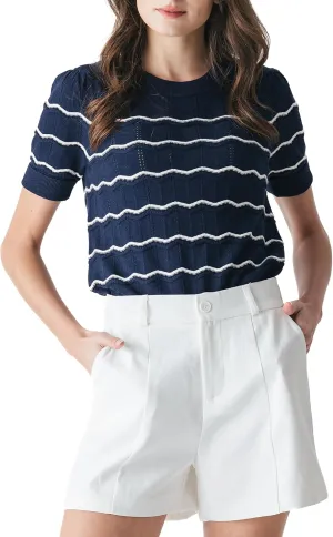 Cable Stitch Women's Chevron Stitch Short Sleeve Sweater Top - Zig-Zag Crewneck Lightweight Soft Knit