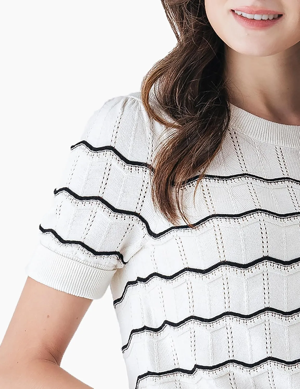 Cable Stitch Women's Chevron Stitch Short Sleeve Sweater Top - Zig-Zag Crewneck Lightweight Soft Knit