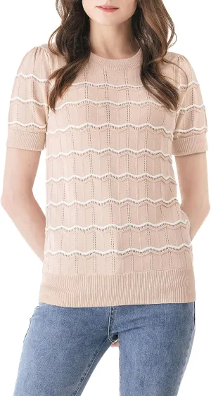 Cable Stitch Women's Chevron Stitch Short Sleeve Sweater Top - Zig-Zag Crewneck Lightweight Soft Knit