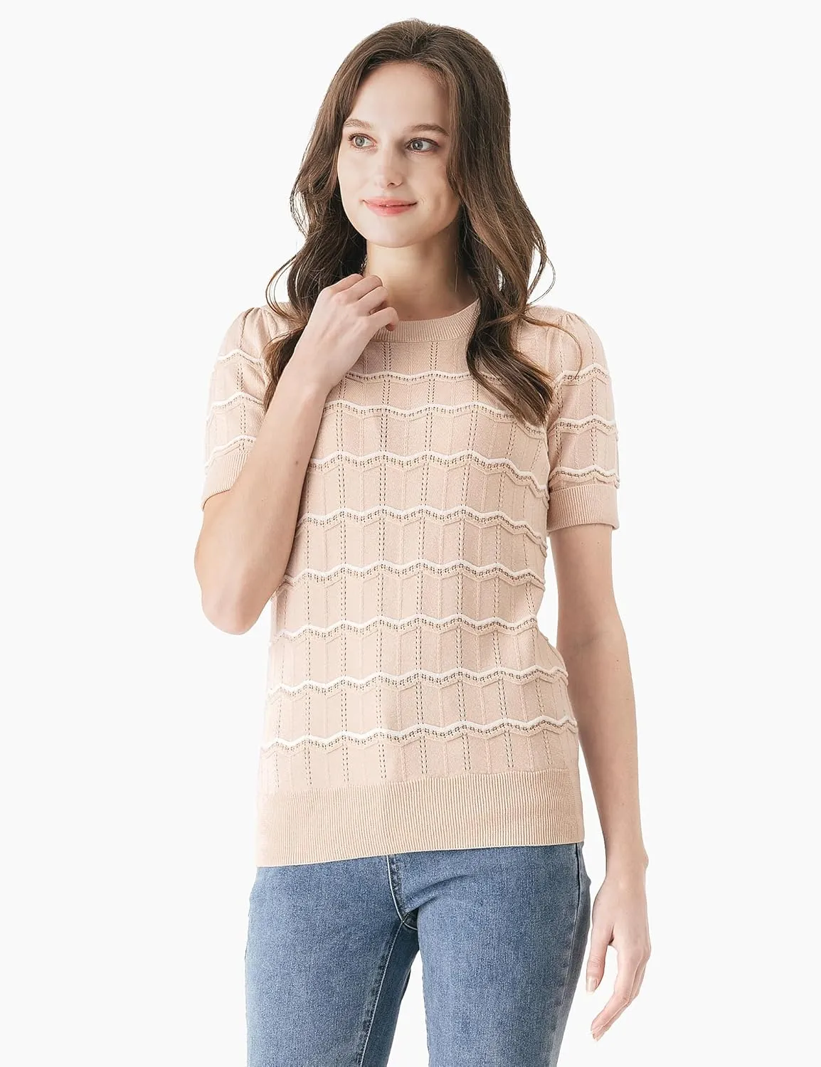 Cable Stitch Women's Chevron Stitch Short Sleeve Sweater Top - Zig-Zag Crewneck Lightweight Soft Knit