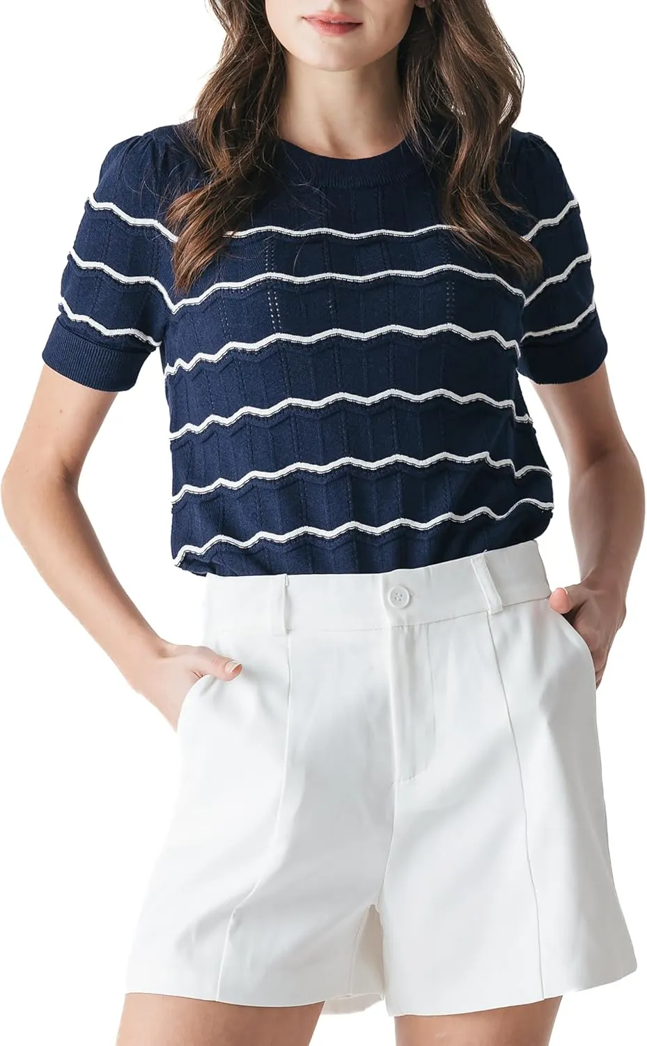 Cable Stitch Women's Chevron Stitch Short Sleeve Sweater Top - Zig-Zag Crewneck Lightweight Soft Knit