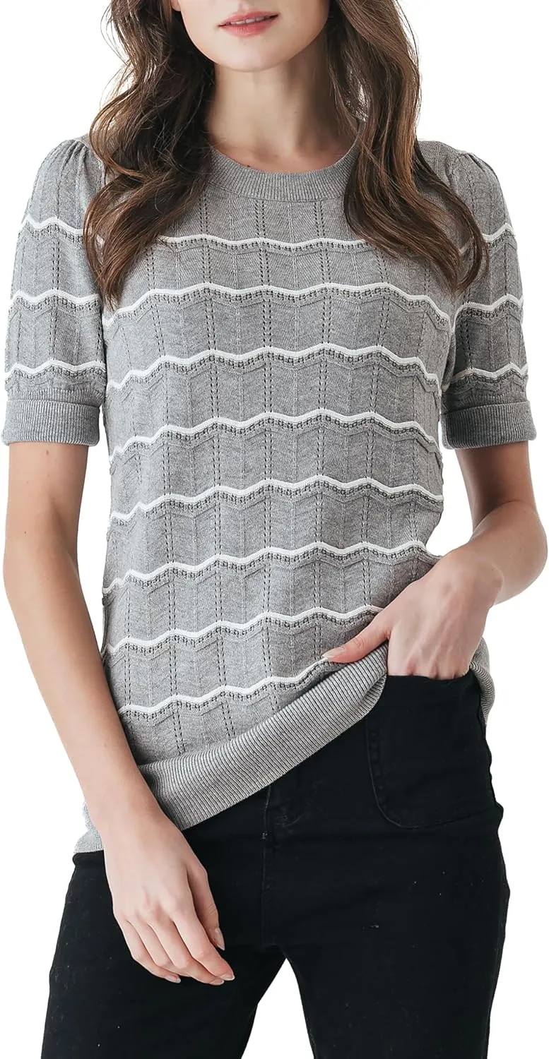 Cable Stitch Women's Chevron Stitch Short Sleeve Sweater Top - Zig-Zag Crewneck Lightweight Soft Knit