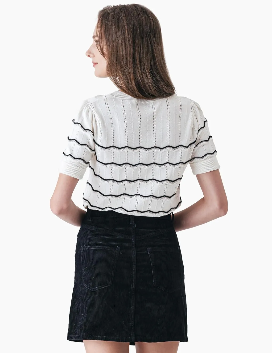 Cable Stitch Women's Chevron Stitch Short Sleeve Sweater Top - Zig-Zag Crewneck Lightweight Soft Knit