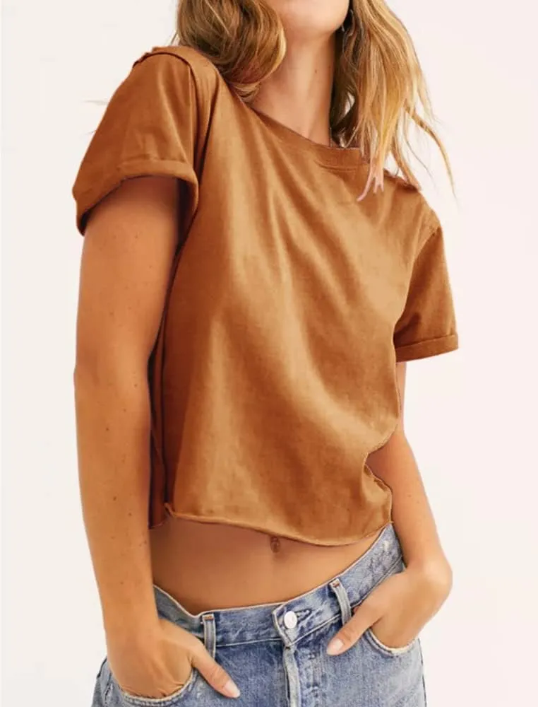 Carpetcom Women's Summer Casual Loose Fit Plain Soild Basic Short Sleeve Crop Tops T-Shirts