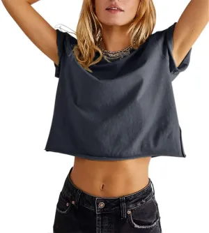 Carpetcom Women's Summer Casual Loose Fit Plain Soild Basic Short Sleeve Crop Tops T-Shirts