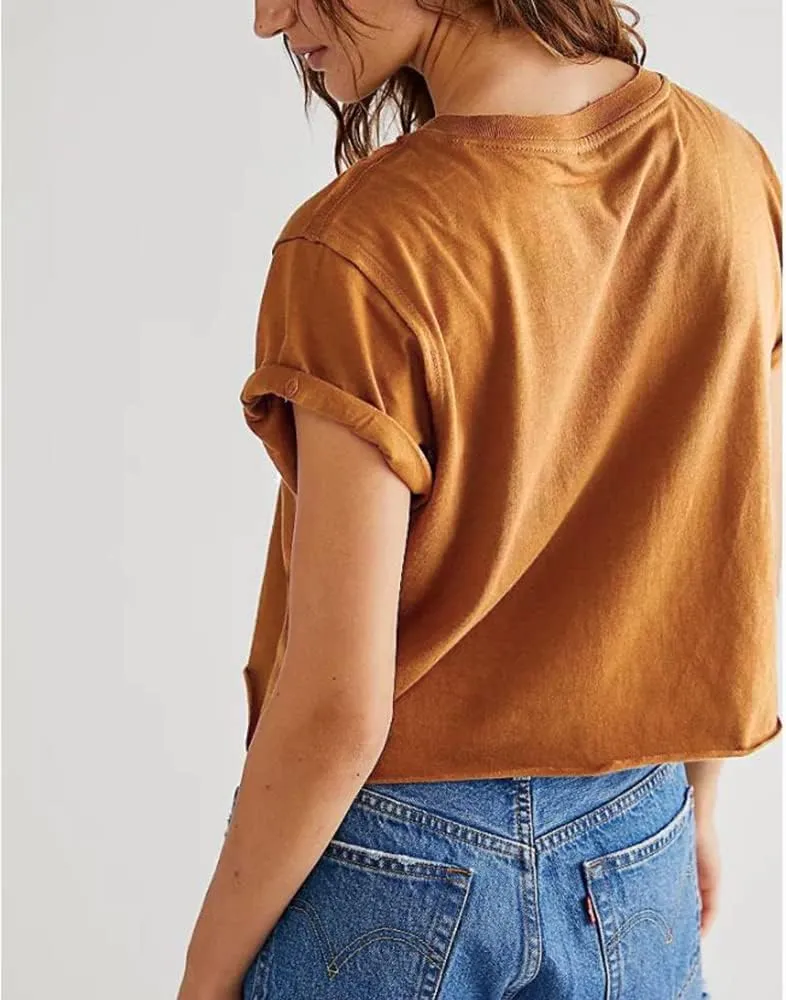 Carpetcom Women's Summer Casual Loose Fit Plain Soild Basic Short Sleeve Crop Tops T-Shirts