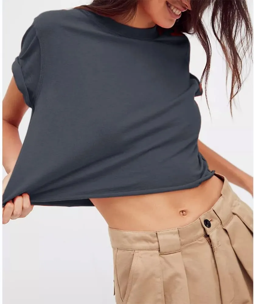 Carpetcom Women's Summer Casual Loose Fit Plain Soild Basic Short Sleeve Crop Tops T-Shirts