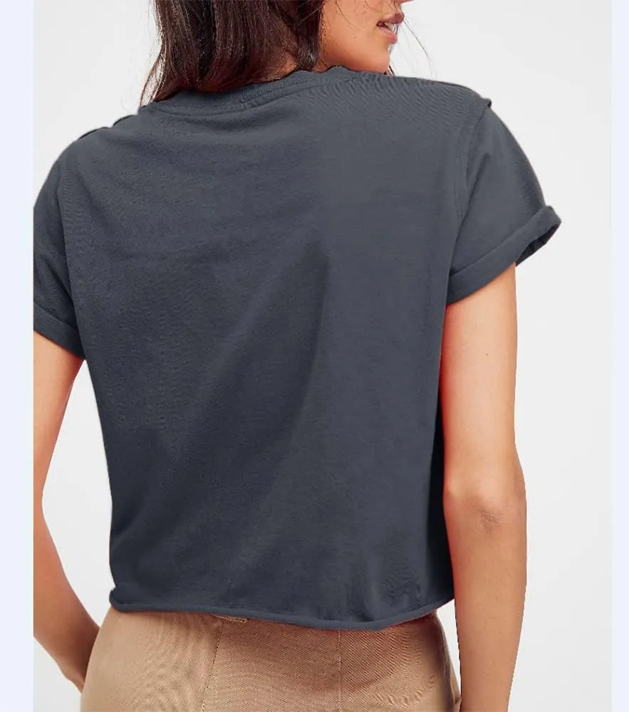 Carpetcom Women's Summer Casual Loose Fit Plain Soild Basic Short Sleeve Crop Tops T-Shirts