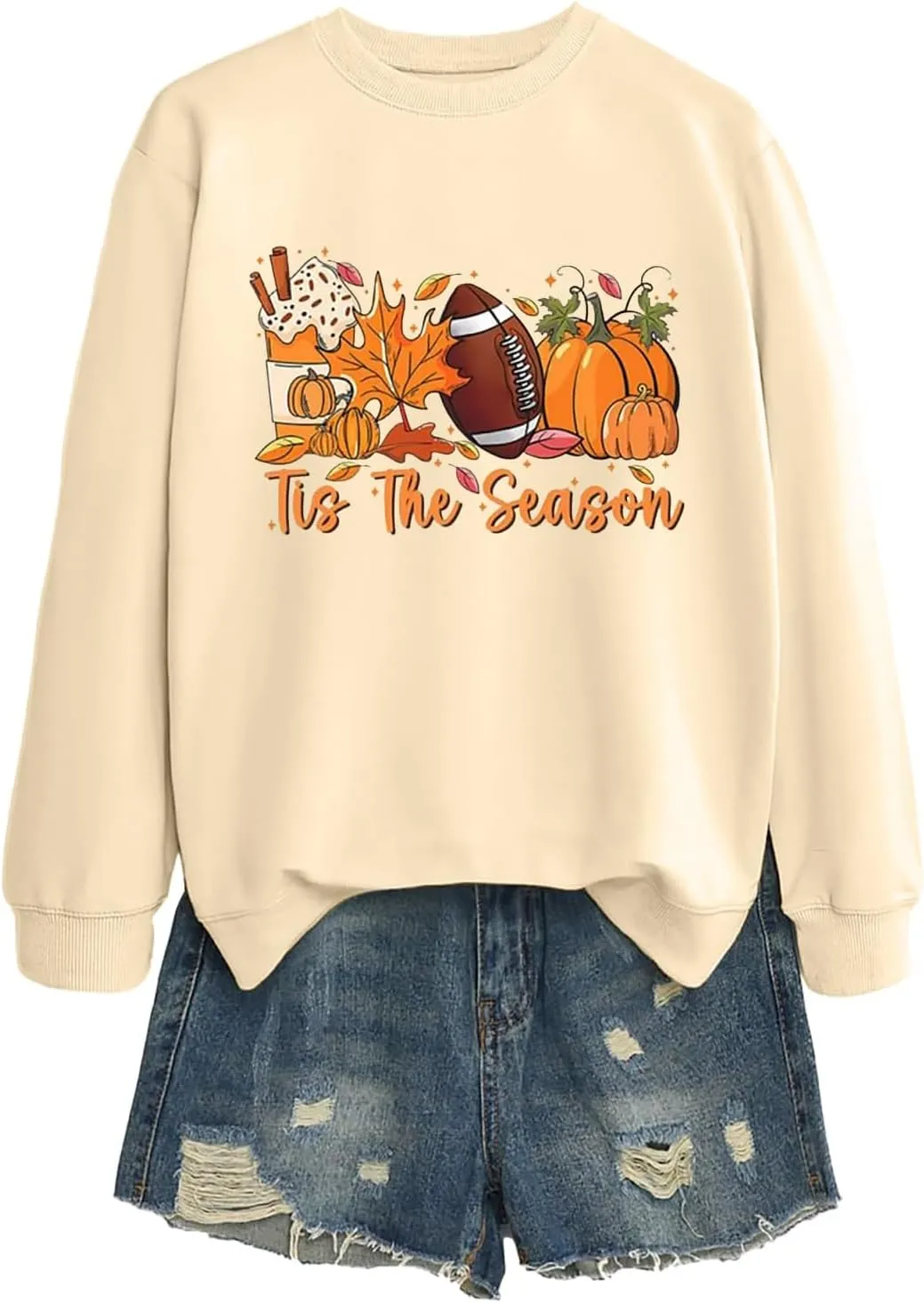 Casual Football Season Shirt Ladies' Round Neck Long Sleeved Printed Solid Long Sleeve Game Day