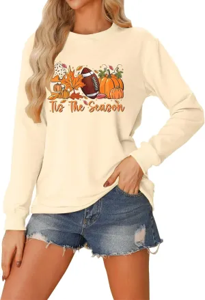 Casual Football Season Shirt Ladies' Round Neck Long Sleeved Printed Solid Long Sleeve Game Day
