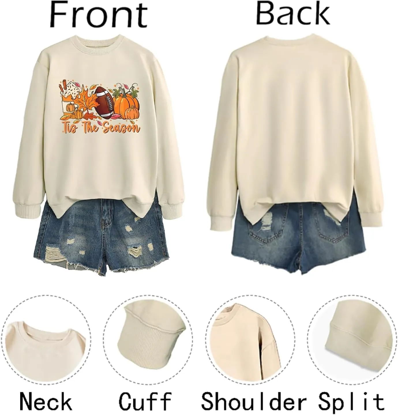 Casual Football Season Shirt Ladies' Round Neck Long Sleeved Printed Solid Long Sleeve Game Day