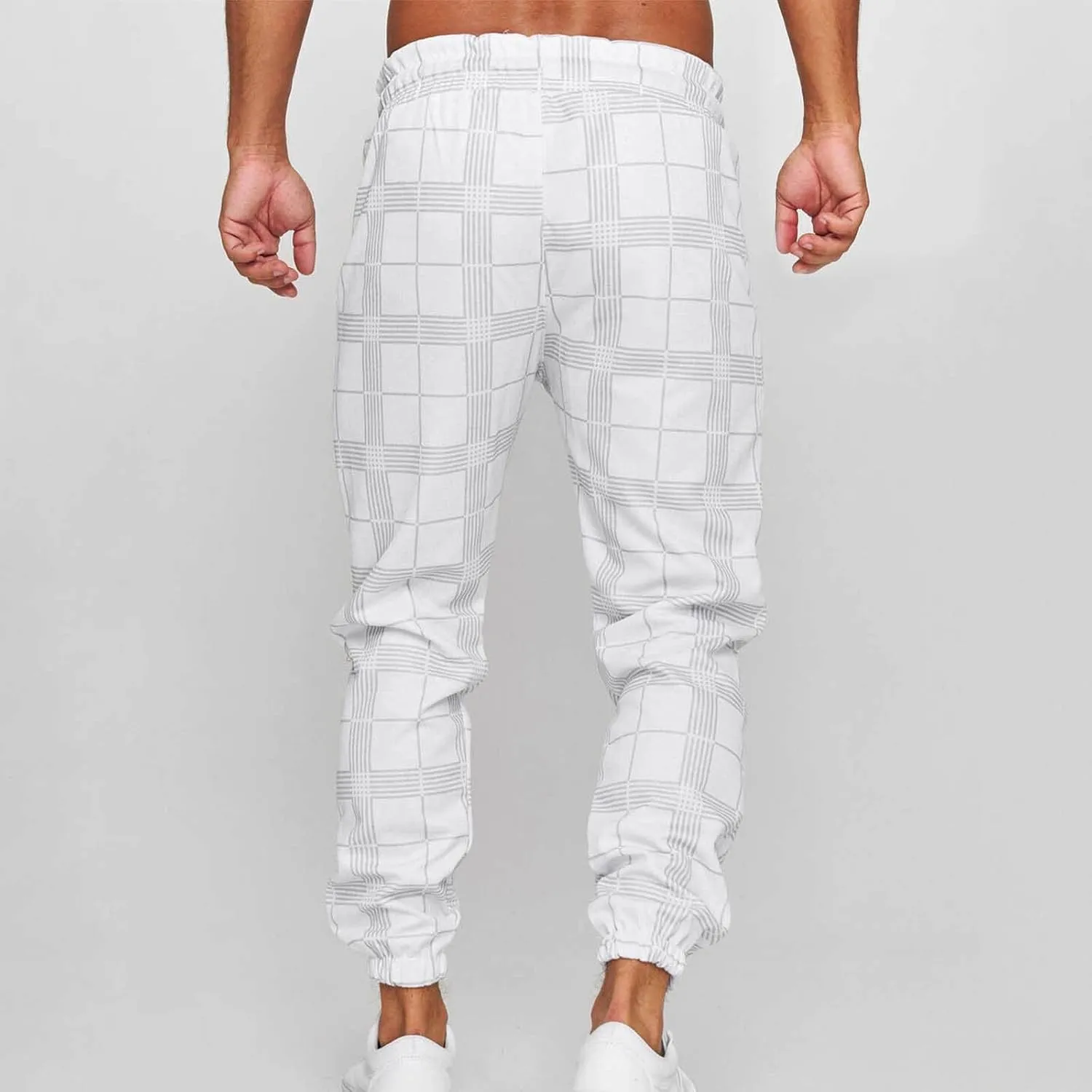 Checkered Jogger Pants Men Elastic Waist Drawstring Soft Knit Plaid Sweatpants Casual Relax Pockets Lounge Winter Home