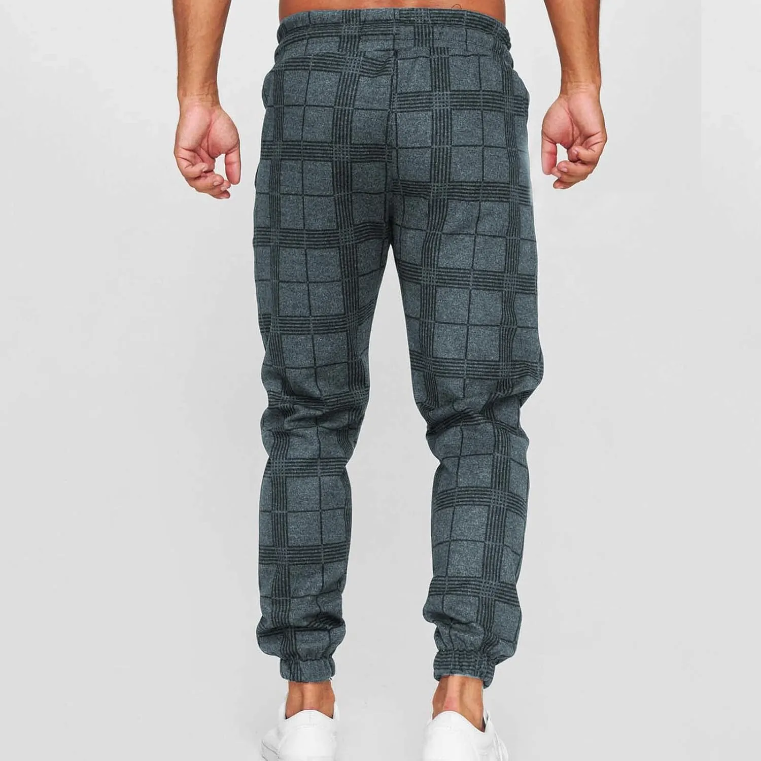 Checkered Jogger Pants Men Elastic Waist Drawstring Soft Knit Plaid Sweatpants Casual Relax Pockets Lounge Winter Home