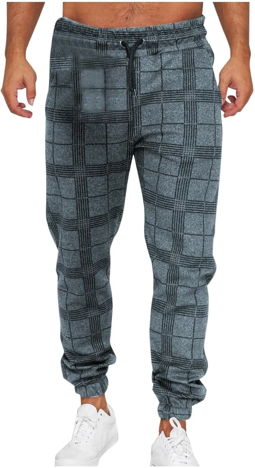 Checkered Jogger Pants Men Elastic Waist Drawstring Soft Knit Plaid Sweatpants Casual Relax Pockets Lounge Winter Home