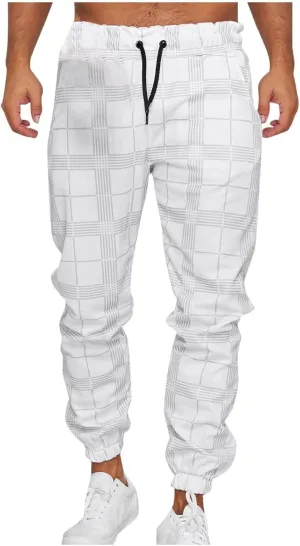 Checkered Jogger Pants Men Elastic Waist Drawstring Soft Knit Plaid Sweatpants Casual Relax Pockets Lounge Winter Home