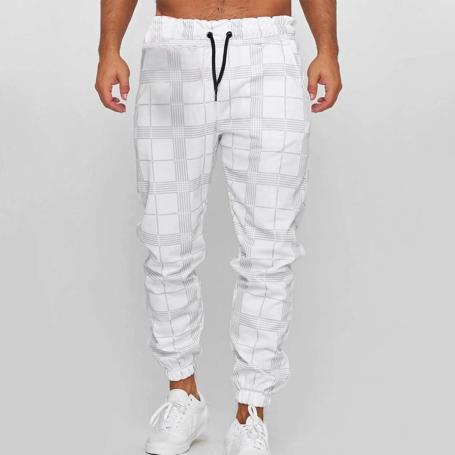 Checkered Jogger Pants Men Elastic Waist Drawstring Soft Knit Plaid Sweatpants Casual Relax Pockets Lounge Winter Home