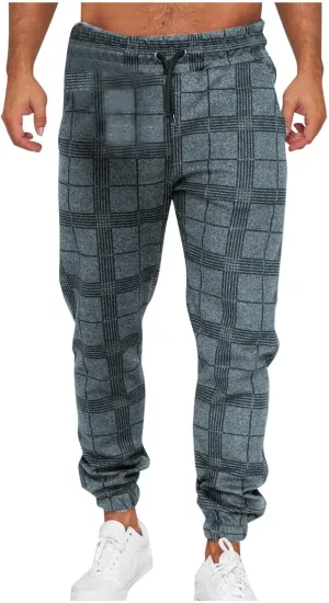 Checkered Jogger Pants Men Elastic Waist Drawstring Soft Knit Plaid Sweatpants Casual Relax Pockets Lounge Winter Home