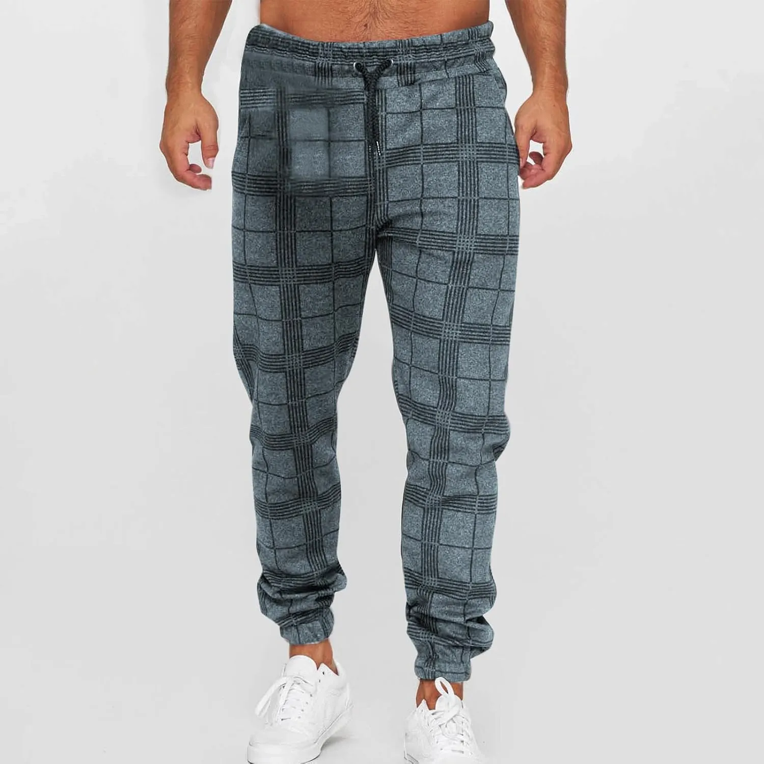 Checkered Jogger Pants Men Elastic Waist Drawstring Soft Knit Plaid Sweatpants Casual Relax Pockets Lounge Winter Home