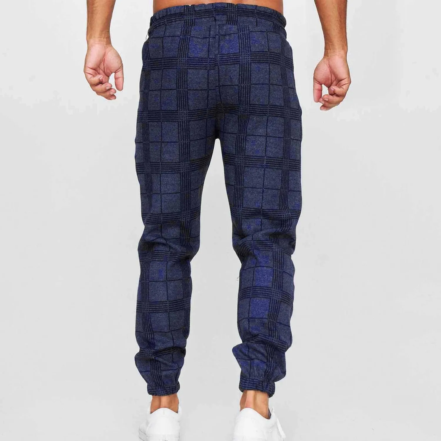 Checkered Jogger Pants Men Elastic Waist Drawstring Soft Knit Plaid Sweatpants Casual Relax Pockets Lounge Winter Home