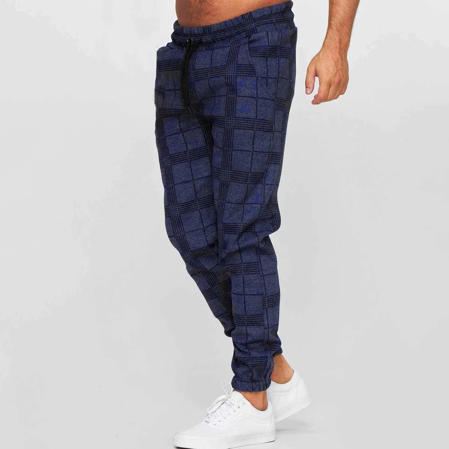 Checkered Jogger Pants Men Elastic Waist Drawstring Soft Knit Plaid Sweatpants Casual Relax Pockets Lounge Winter Home