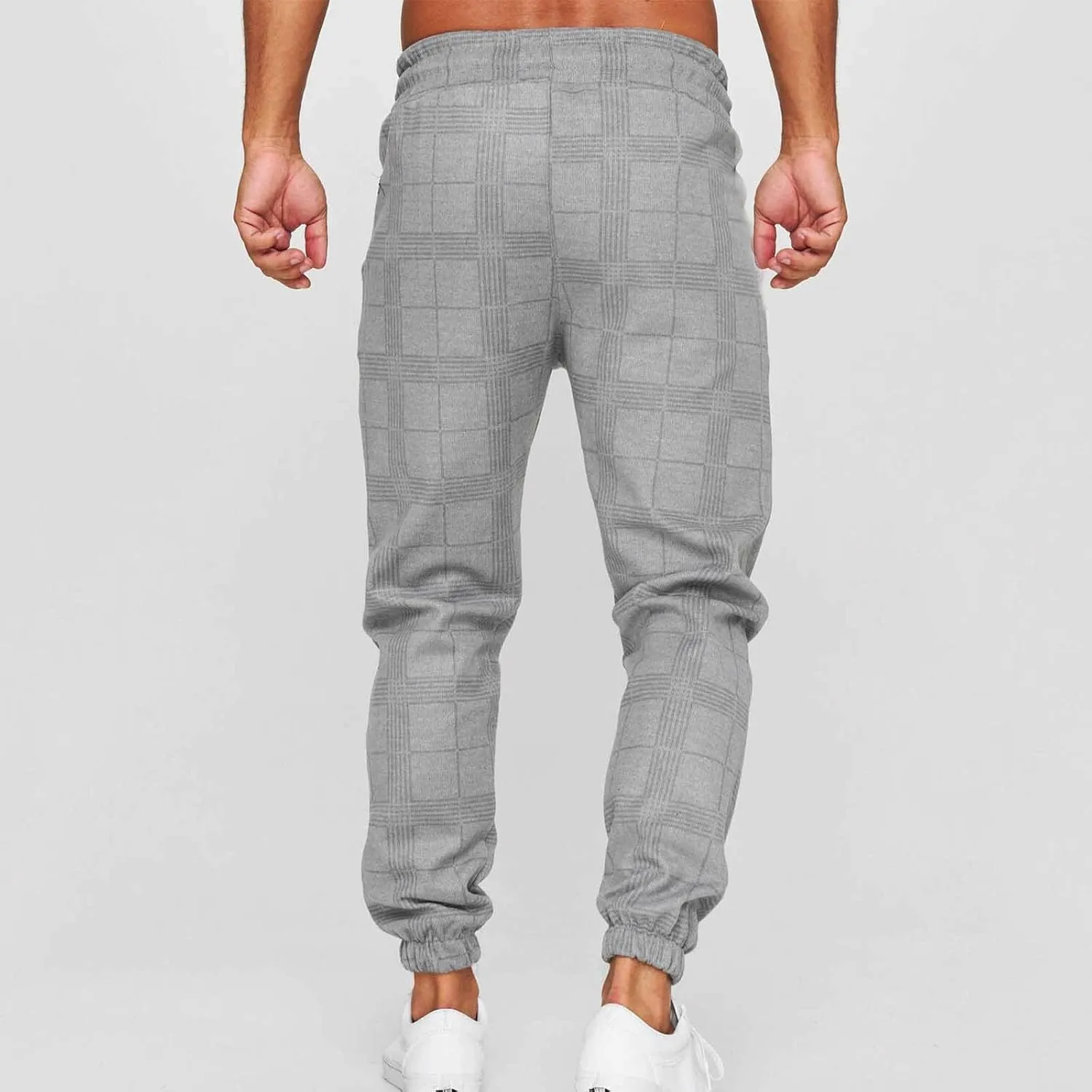 Checkered Jogger Pants Men Elastic Waist Drawstring Soft Knit Plaid Sweatpants Casual Relax Pockets Lounge Winter Home