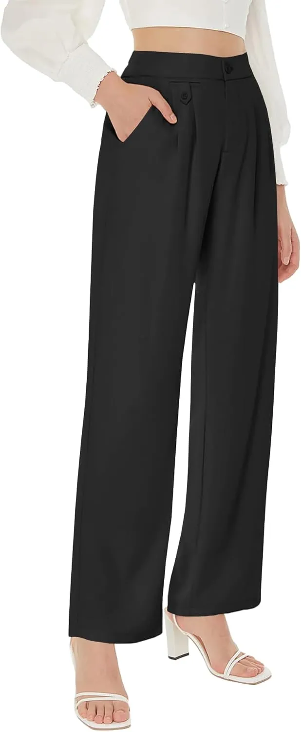 Cicy Bell Women's High Waisted Work Pants Pleated Office Casual Straight Leg Dress Pants Trousers with Pockets