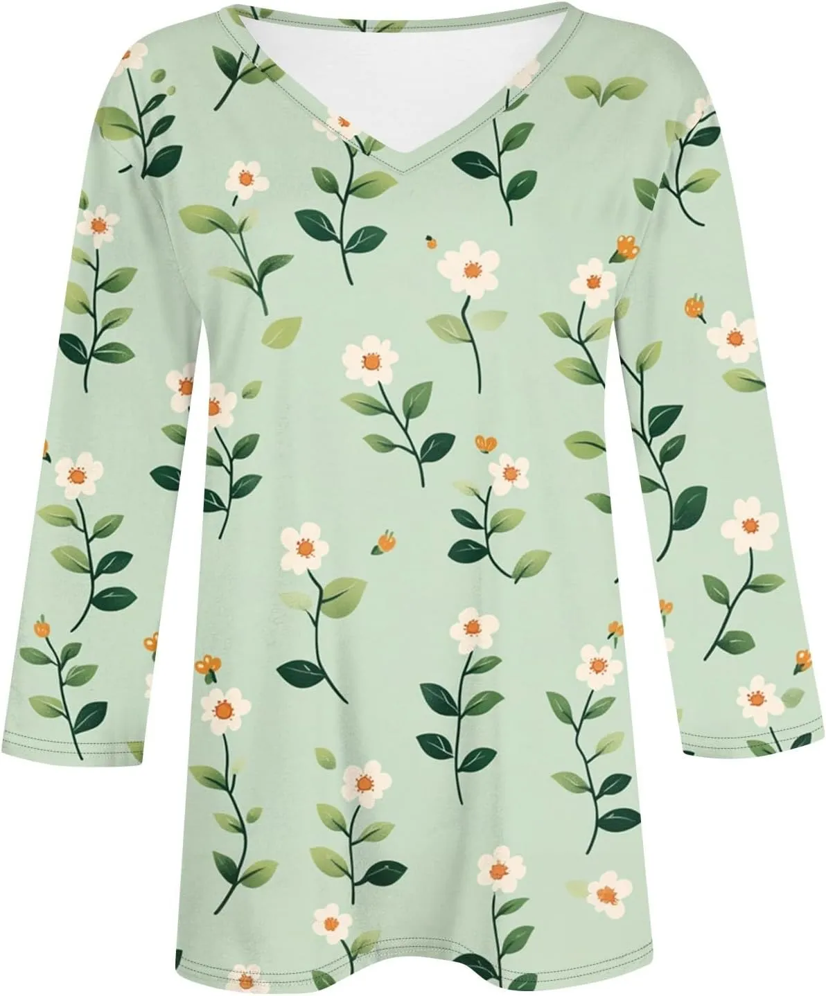 Cotton 3/4 Length Sleeve Shirts for Women Flower Cool Ladies Vneck Blouses Loose Casual Womens Tops