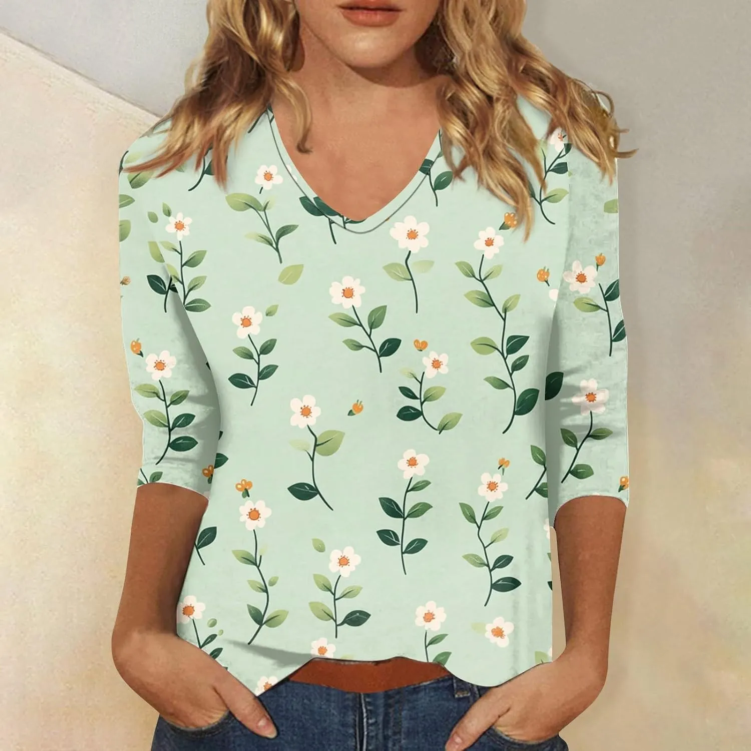 Cotton 3/4 Length Sleeve Shirts for Women Flower Cool Ladies Vneck Blouses Loose Casual Womens Tops