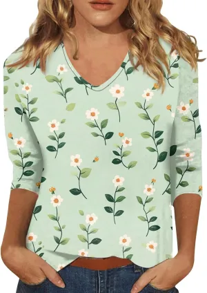 Cotton 3/4 Length Sleeve Shirts for Women Flower Cool Ladies Vneck Blouses Loose Casual Womens Tops