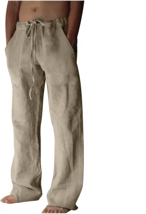 Cotton Linen Pants for Men Drawstring Wide Leg Trousers Elastic Waist Summer Lightweight Lounge Pants Trendy Pants