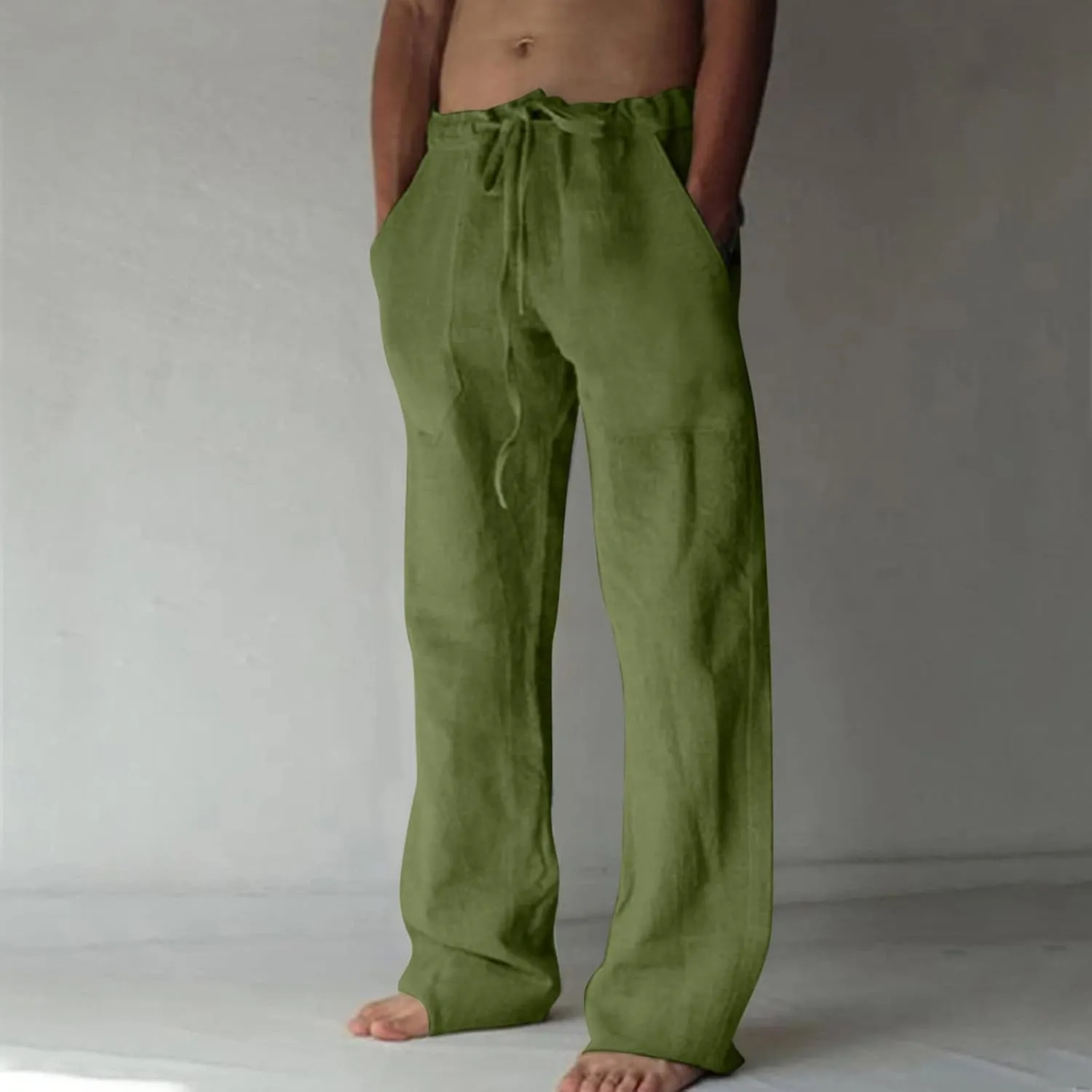 Cotton Linen Pants for Men Drawstring Wide Leg Trousers Elastic Waist Summer Lightweight Lounge Pants Trendy Pants