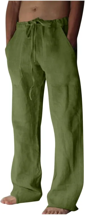 Cotton Linen Pants for Men Drawstring Wide Leg Trousers Elastic Waist Summer Lightweight Lounge Pants Trendy Pants