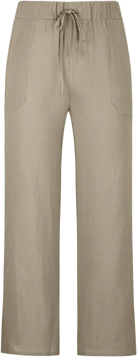 Cotton Linen Pants for Men Drawstring Wide Leg Trousers Elastic Waist Summer Lightweight Lounge Pants Trendy Pants