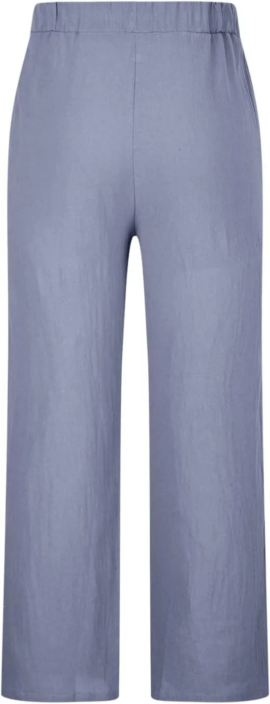 Cotton Linen Pants for Men Drawstring Wide Leg Trousers Elastic Waist Summer Lightweight Lounge Pants Trendy Pants