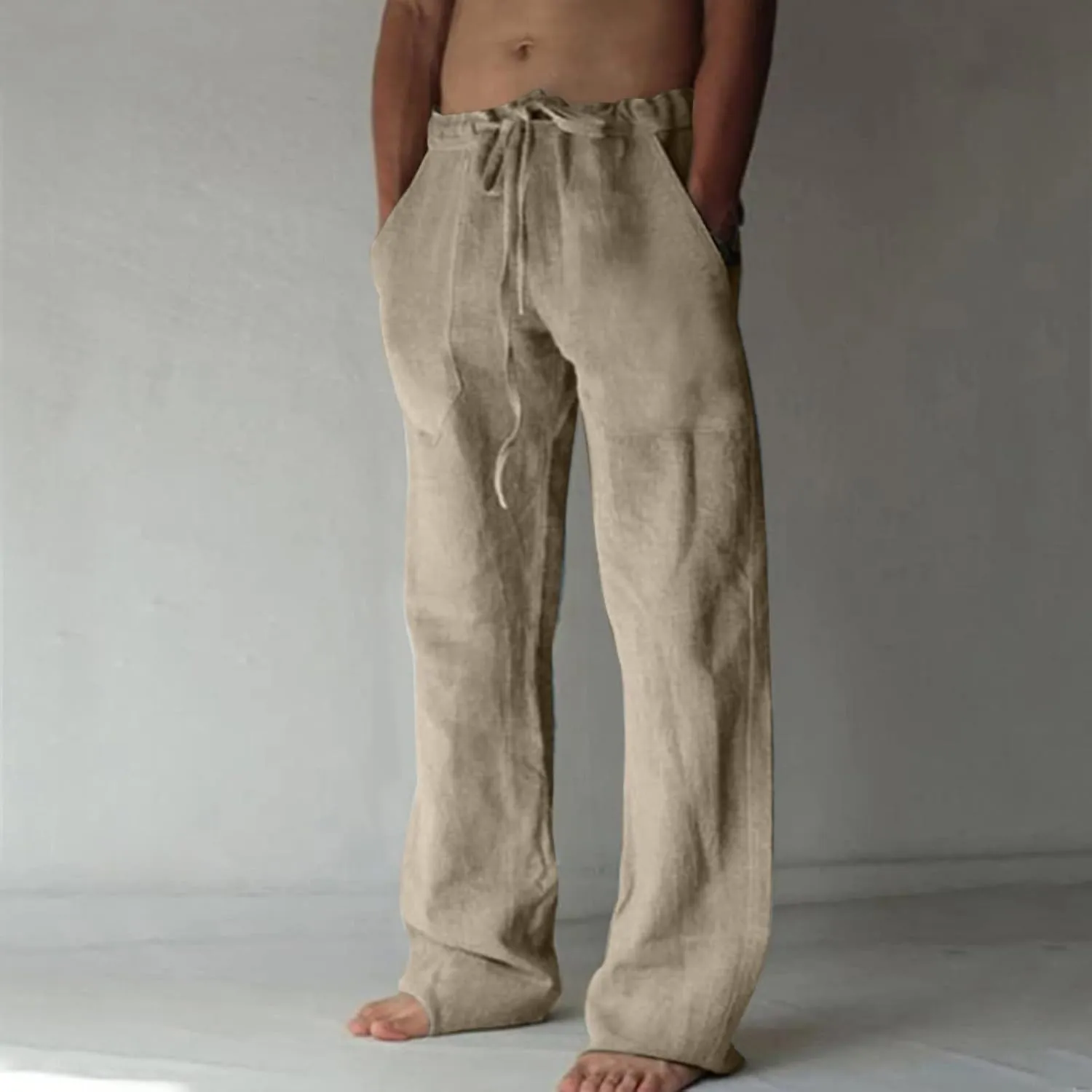 Cotton Linen Pants for Men Drawstring Wide Leg Trousers Elastic Waist Summer Lightweight Lounge Pants Trendy Pants
