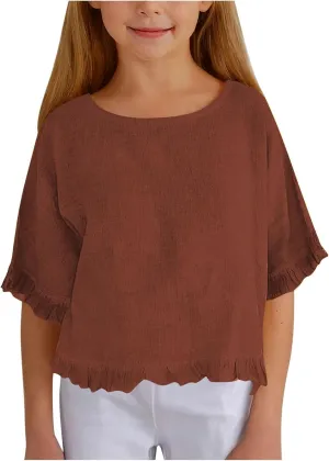 Cotton Linen Ruffle Tops for Girls Casual Crewneck Elbow Length Sleeve Plain T Shirts Blouses Kids Summer Loose Tees