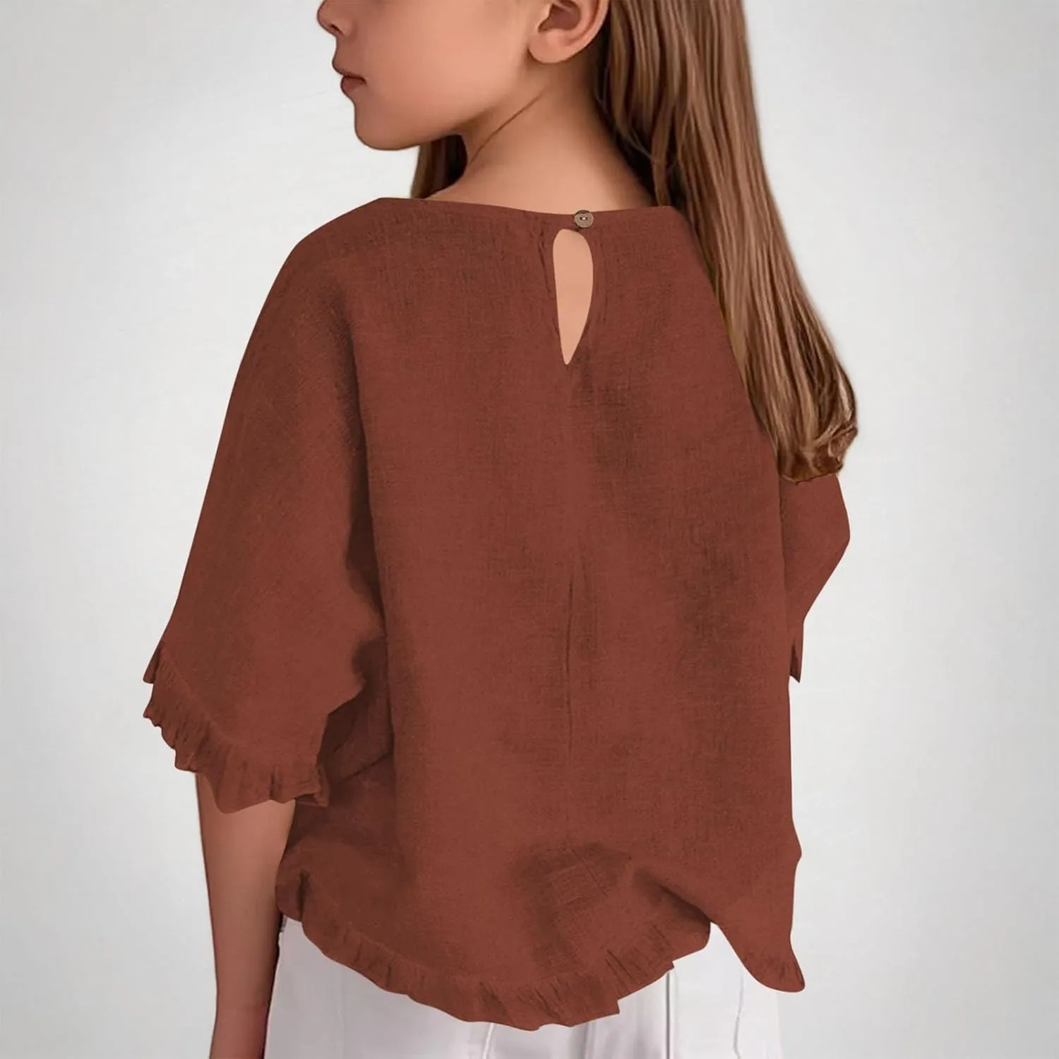 Cotton Linen Ruffle Tops for Girls Casual Crewneck Elbow Length Sleeve Plain T Shirts Blouses Kids Summer Loose Tees