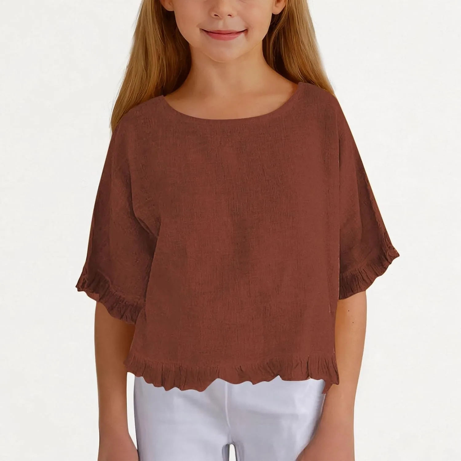 Cotton Linen Ruffle Tops for Girls Casual Crewneck Elbow Length Sleeve Plain T Shirts Blouses Kids Summer Loose Tees