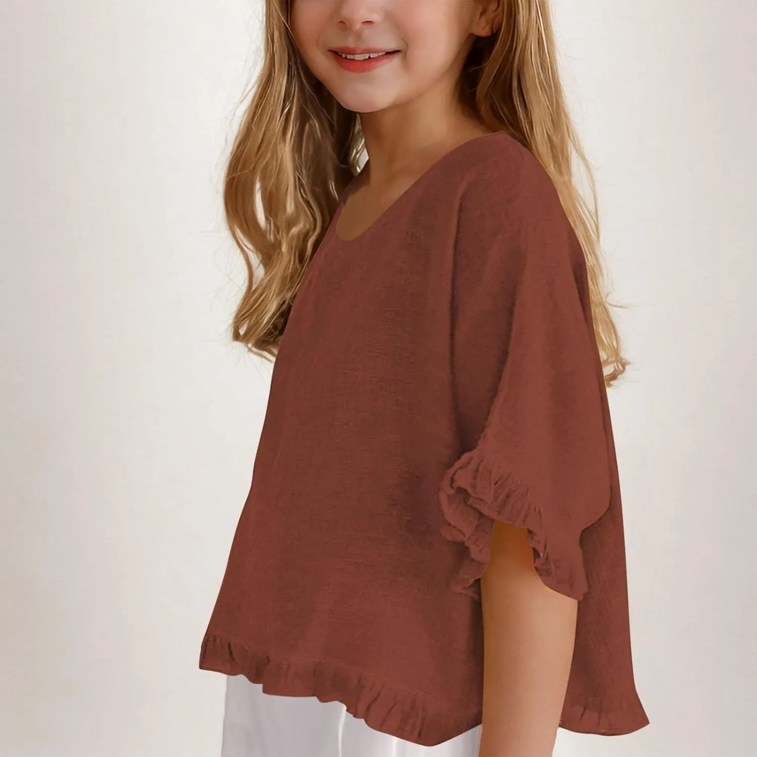Cotton Linen Ruffle Tops for Girls Casual Crewneck Elbow Length Sleeve Plain T Shirts Blouses Kids Summer Loose Tees