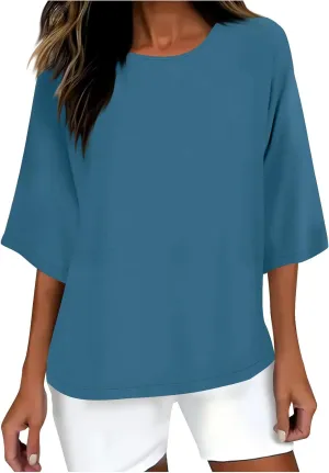 Cotton Tshirts for Women Casual Linen Tops Loose Fit Half Sleeve Plain Shirts Soft Crewneck Summer Cotton Linen Tops