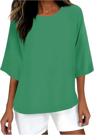 Cotton Tshirts for Women Casual Linen Tops Loose Fit Half Sleeve Plain Shirts Soft Crewneck Summer Cotton Linen Tops