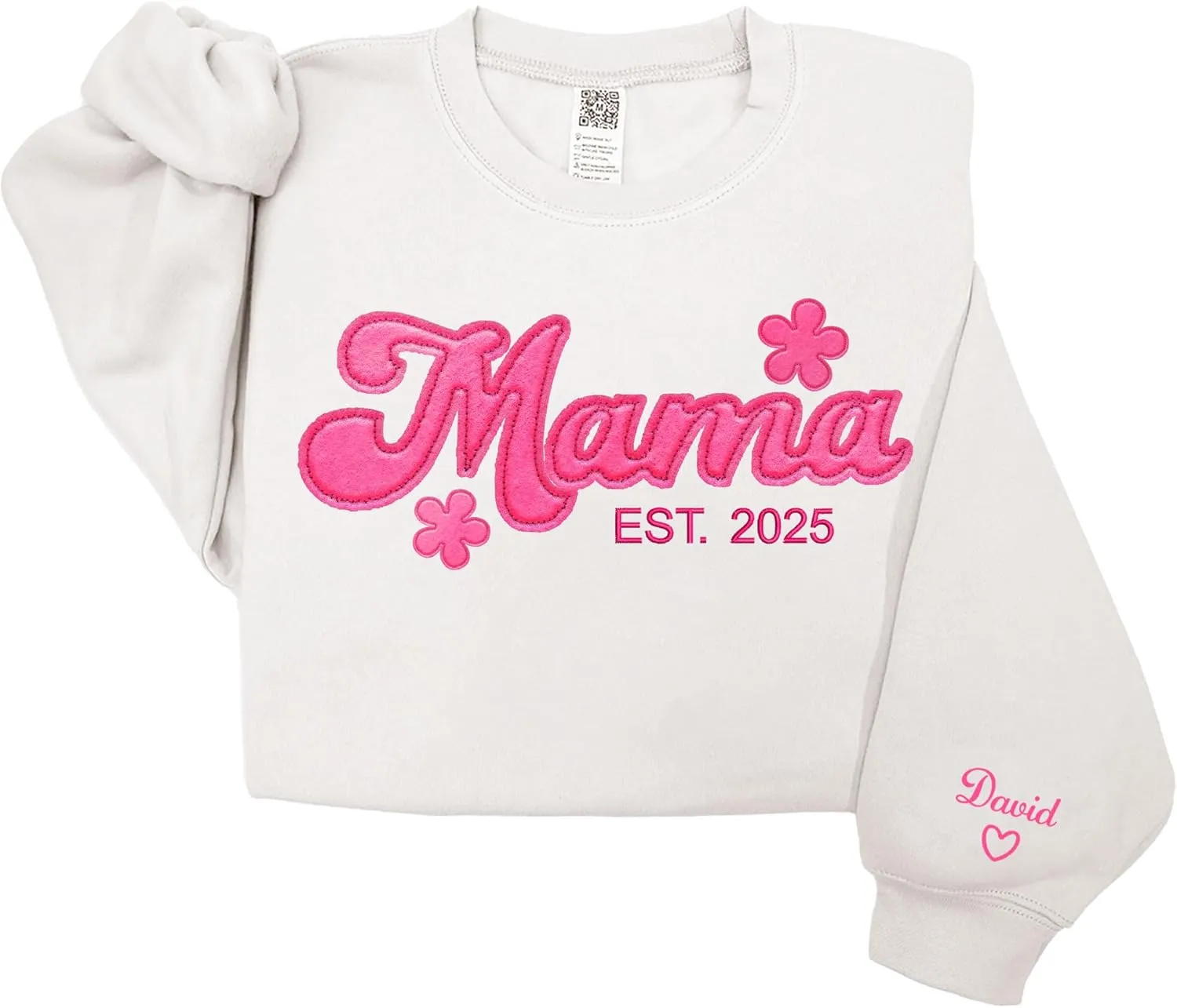 Custom Embroidered Mama Sweatshirt Felt With Kids Names Name On Sleeve, Pink Mom Flower Sweatshirt For Women, Grandma Gift For Mothers Christmas, Momma Presents, Moma Aunties White Beige BLack