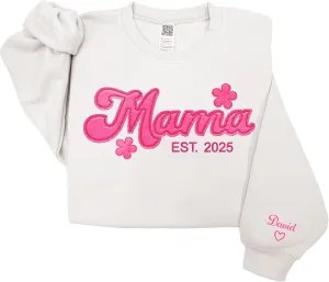 Custom Embroidered Mama Sweatshirt Felt With Kids Names Name On Sleeve, Pink Mom Flower Sweatshirt For Women, Grandma Gift For Mothers Christmas, Momma Presents, Moma Aunties White Beige BLack
