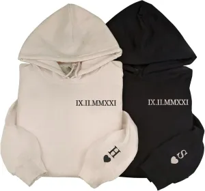 Custom Embroidered Roman Numeral Date Couple Hoodies, Matching Hoodies For Couples, Custom Embroidered Hoodies, Anniversary, Engagements, Valentine's Day, Christmas Hoodie For Couple